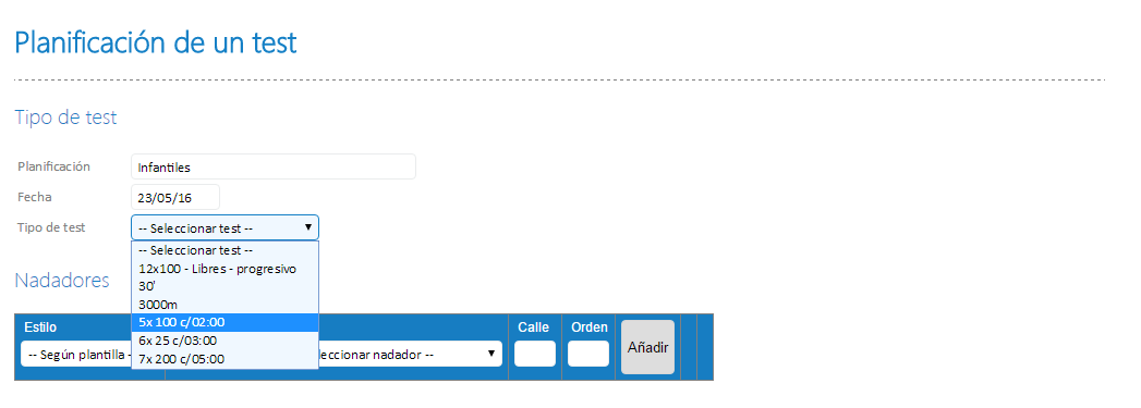 Ficha de la creación y edición de la planificación de un test