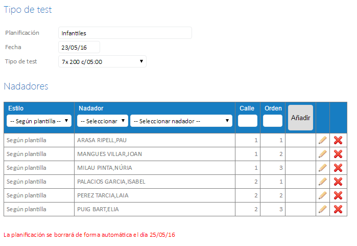 Ficha de la creación y edición de la planificación de un test
